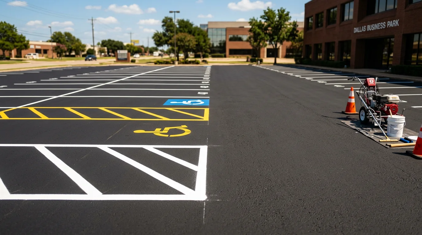 Freshly striped commercial parking lot with clear markings