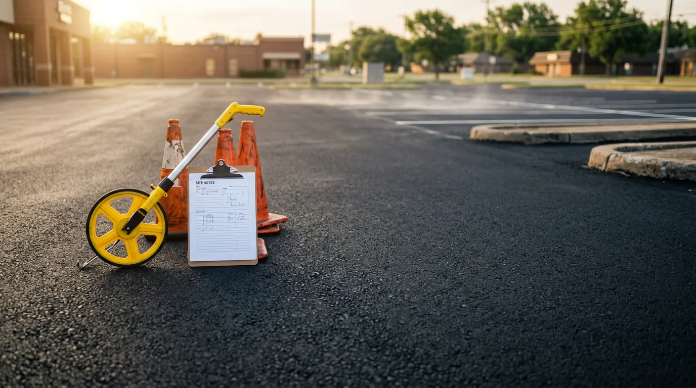 Paving contractor reviewing parking lot assessment with property manager