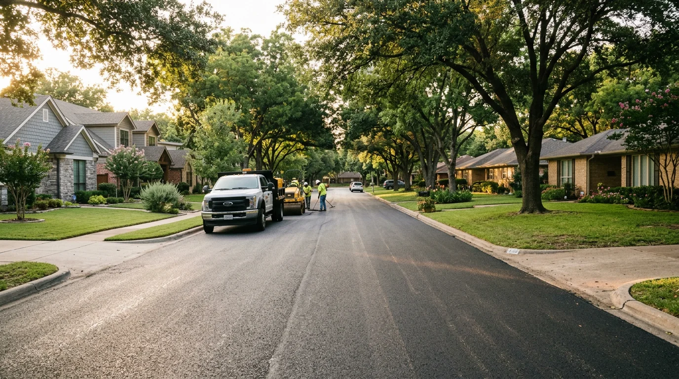 Residential street in Dallas with tree-lined properties and mixed architectural styles typical of the city's neighborhoods.