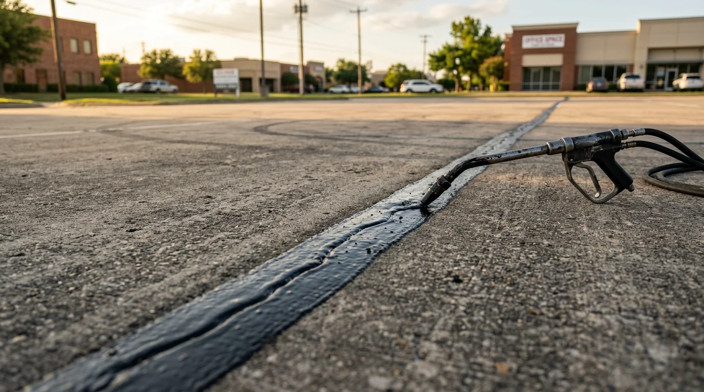 A Dallas parking lot surface showing freshly sealed asphalt cracks with dark sealant applied in clean, straight lines across faded gray pavement. The sealed cracks contrast against the surrounding asphalt, indicating recent professional crack sealing work on a commercial property.