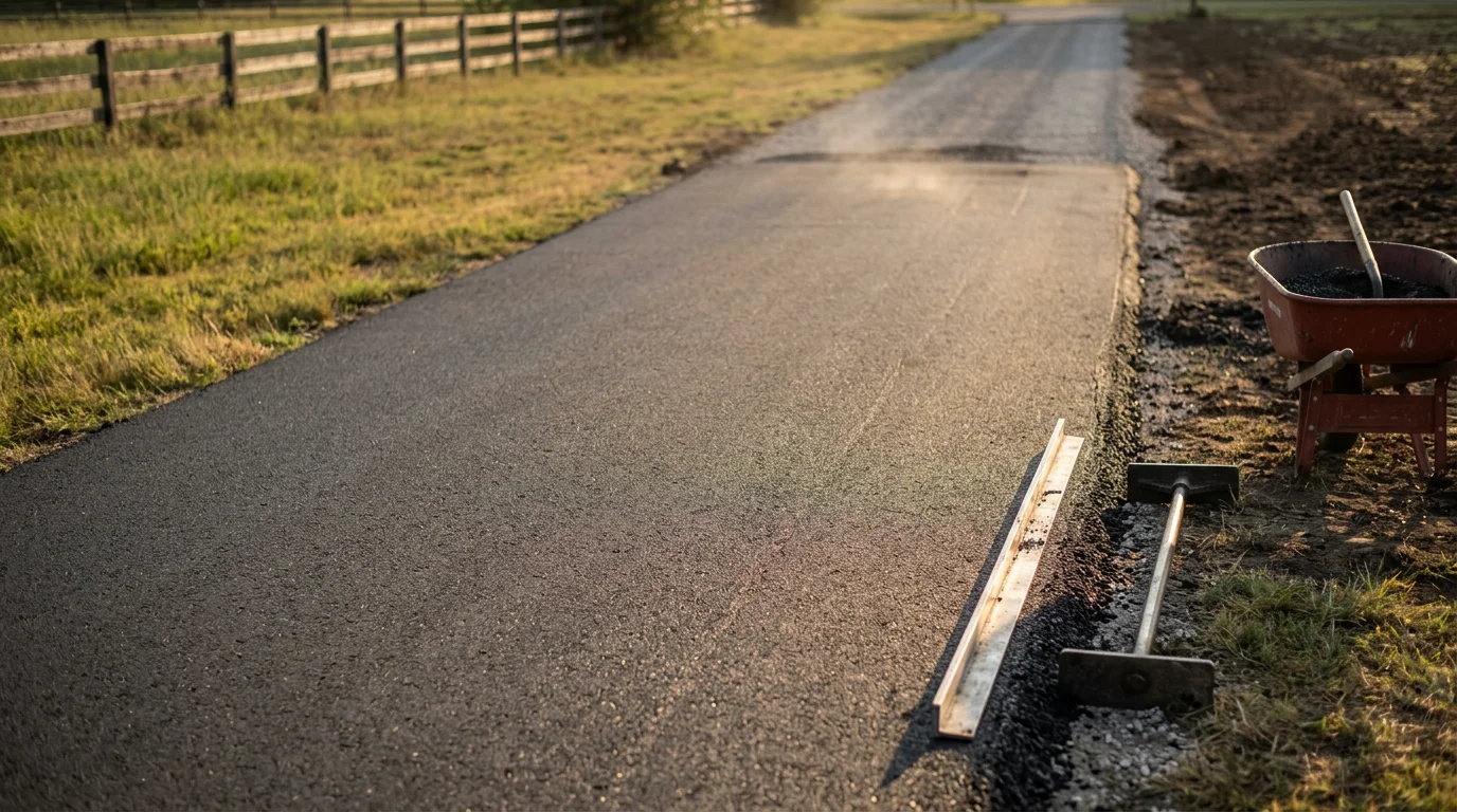 Freshly paved black asphalt driveway at a residential property in Dallas, Texas, with clean straight edges and a smooth compacted surface. The surrounding lawn and curb line are visible, showing the finished grade and drainage slope away from the home.