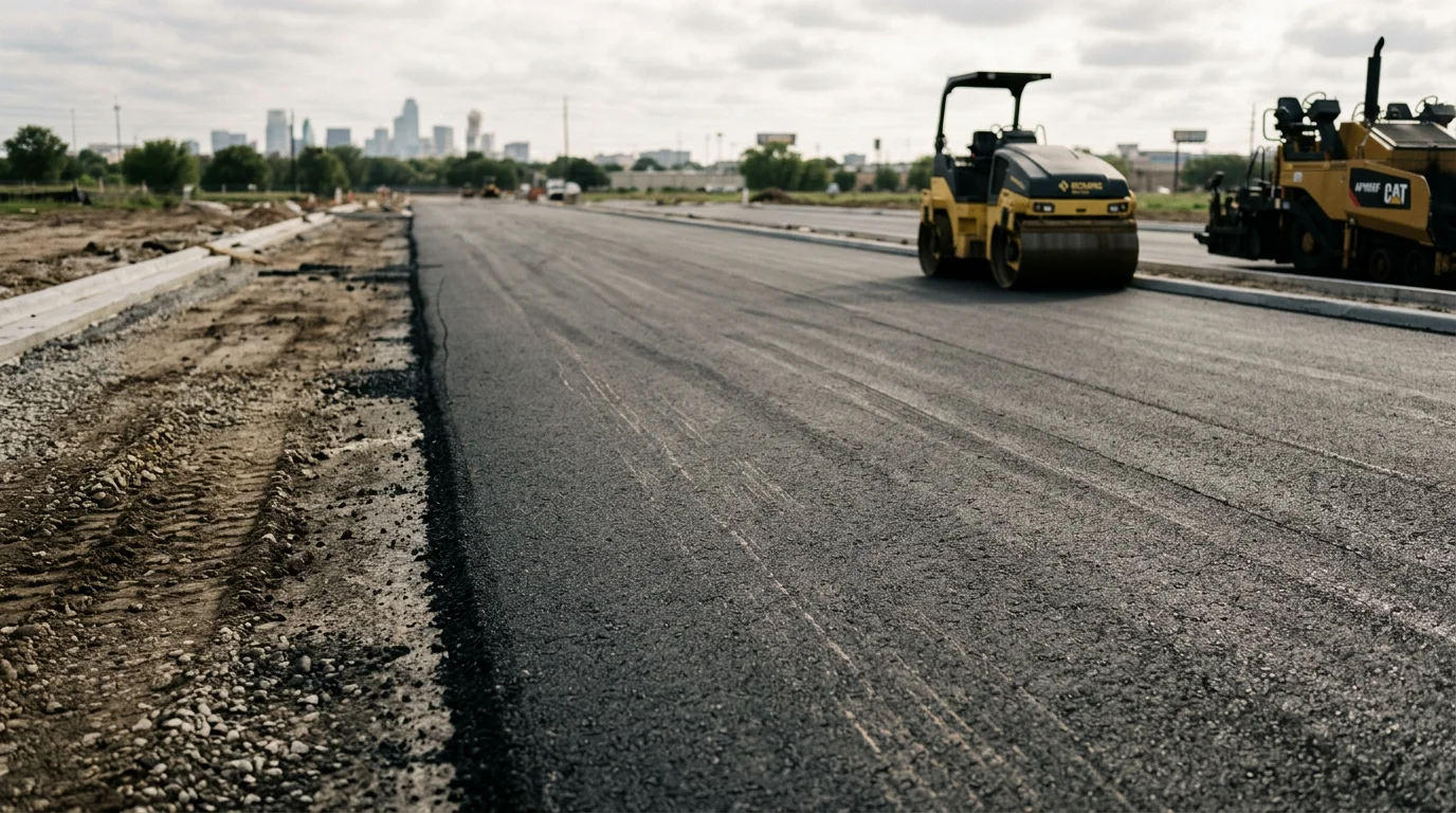 Freshly paved asphalt road surface on a commercial property in Dallas, Texas, showing smooth black pavement with clean edges and a compacted sub-base visible at the road margin. Heavy-duty asphalt road construction project completed by HITEK Paving in the Dallas area.
