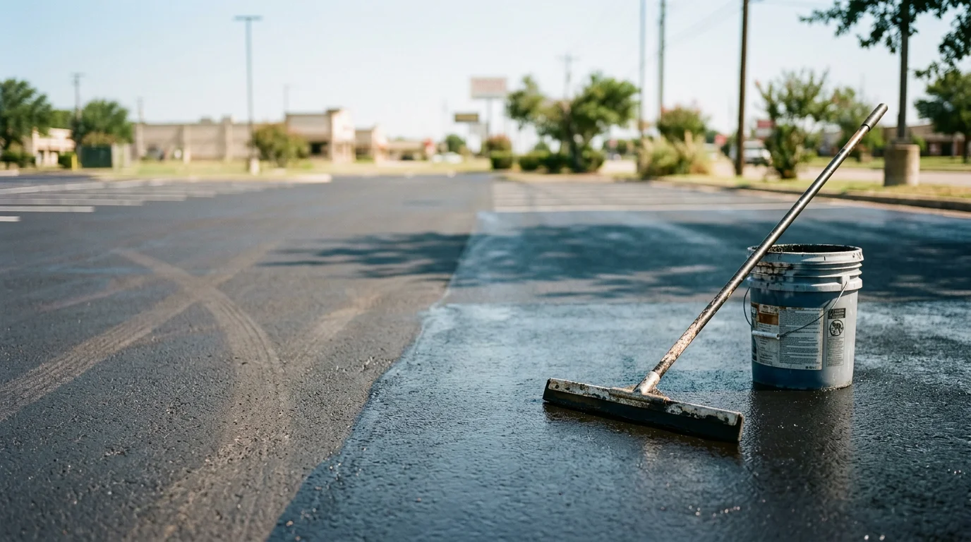 A freshly sealed commercial parking lot in Dallas, Texas showing a uniform dark black asphalt surface with clean, visible lane markings. A HITEK Paving crew applies sealant coating across the lot surface using professional spray and squeegee equipment.