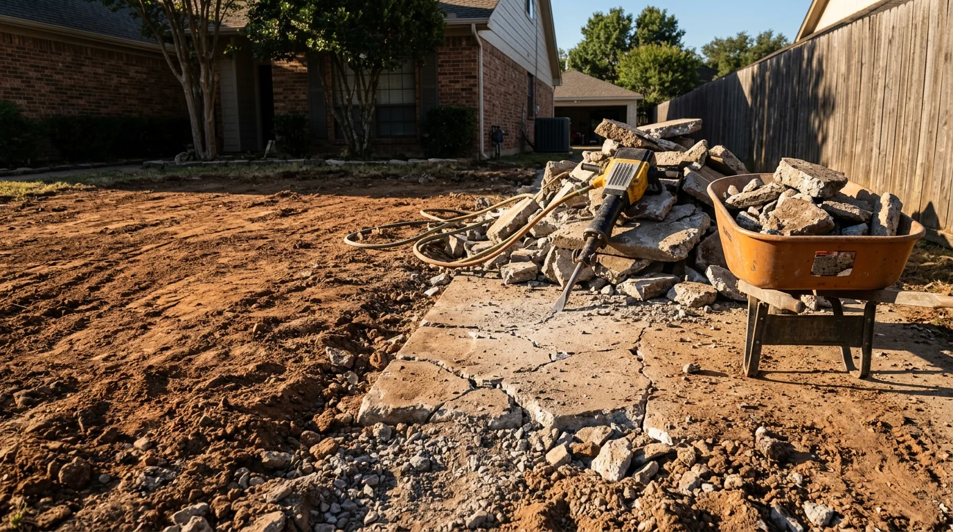 Broken concrete driveway slab being removed by a demolition crew in a Dallas residential neighborhood, with rubble staged near a flatbed haul truck. Exposed clay subgrade is visible beneath the demolished slab.