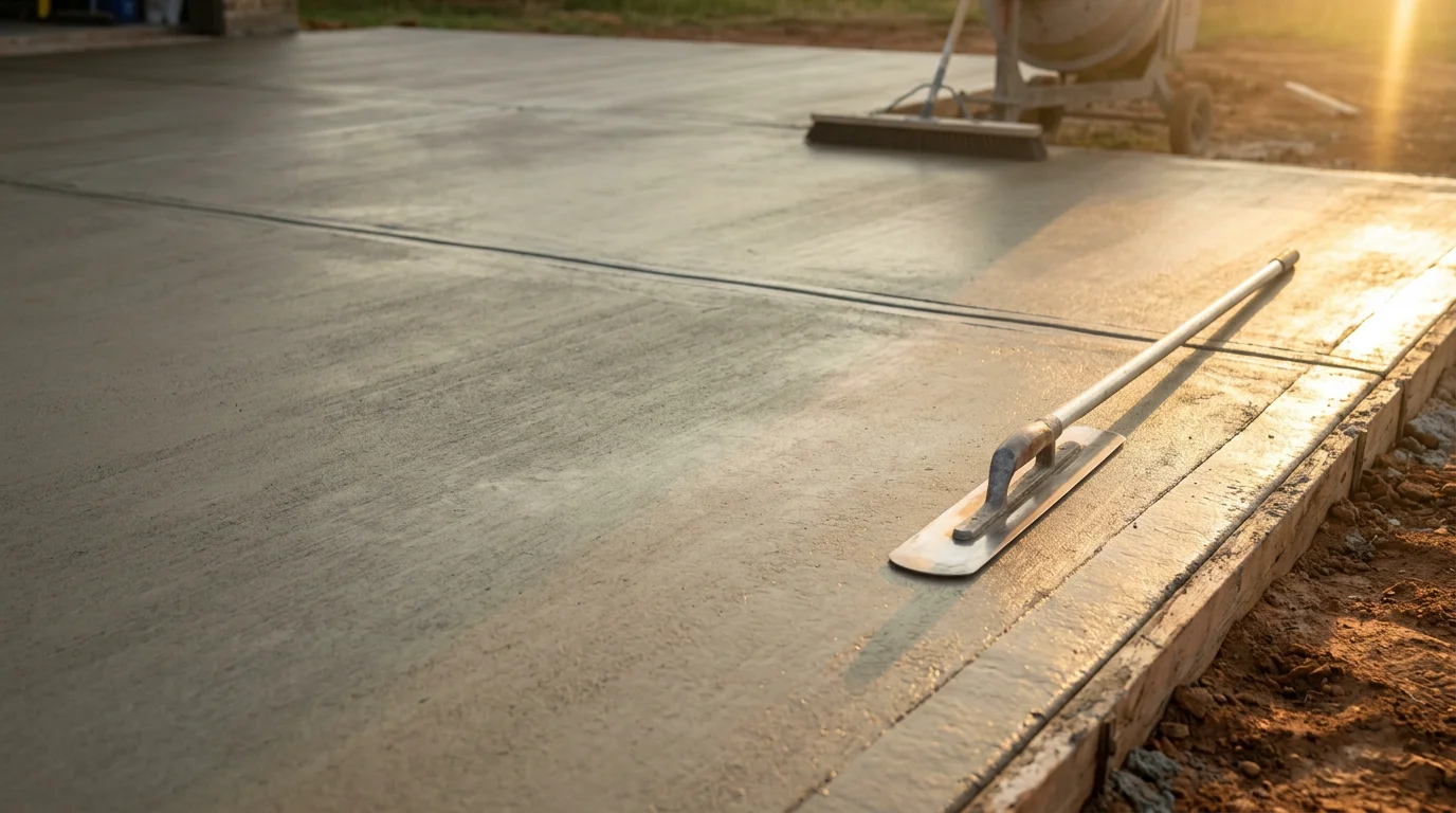 A freshly broom-finished concrete driveway in a Dallas residential neighborhood, with clean edges and visible control joints running across the surface. The slab shows a uniform gray texture under bright Texas sunlight.