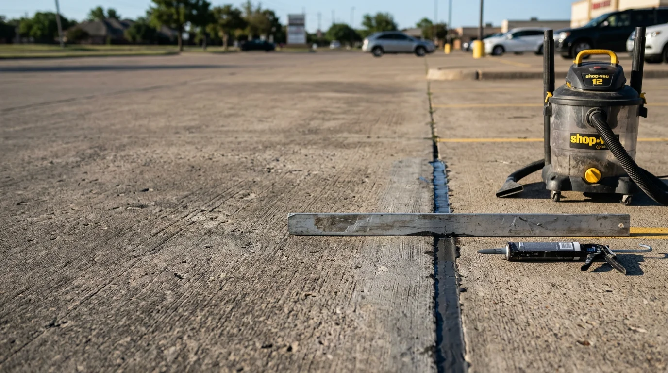 Repaired concrete parking lot surface at a Dallas commercial property, showing smooth, crack-free slabs with clean joint lines and level transitions between sections.