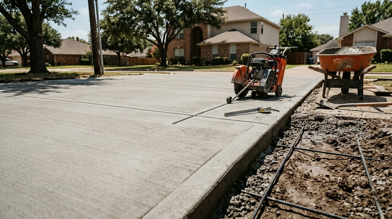 Freshly poured and finished concrete driveway at a Dallas residential property, showing clean edges, smooth brushed surface, and visible control joints. The surrounding yard reflects a typical North Texas single-family home setting.