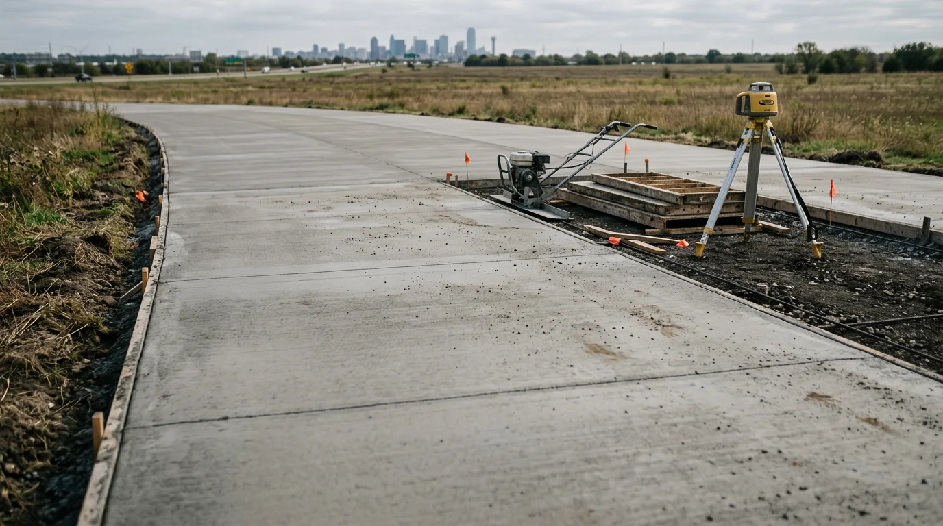 Freshly constructed concrete road on a commercial property in Dallas, Texas, showing a smooth broom-finished surface with visible control joints and reinforced edges. The road runs through an open industrial site under a clear Texas sky.