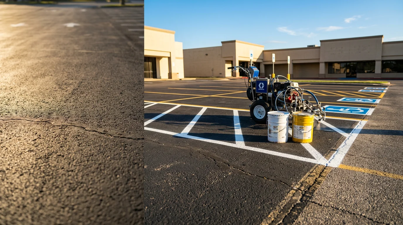 Freshly repainted white parking lot stall lines and yellow fire lane markings on a commercial asphalt lot in Dallas. ADA-compliant accessible spaces with blue markings and access aisles are visible near the building entrance.