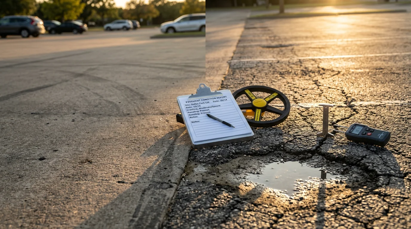 A HITEK Paving consultant inspecting a cracked and weathered commercial parking lot surface in Dallas, Texas. The image shows close-up pavement distress including alligator cracking and surface raveling on a sun-exposed asphalt lot.