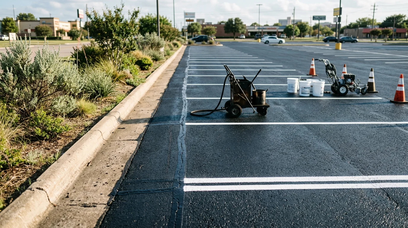 A freshly sealcoated and restriped commercial parking lot in Dallas, Texas, with clean white lane markings and clearly defined ADA stalls. The dark asphalt surface shows no visible cracking or fading under bright Texas sunlight.