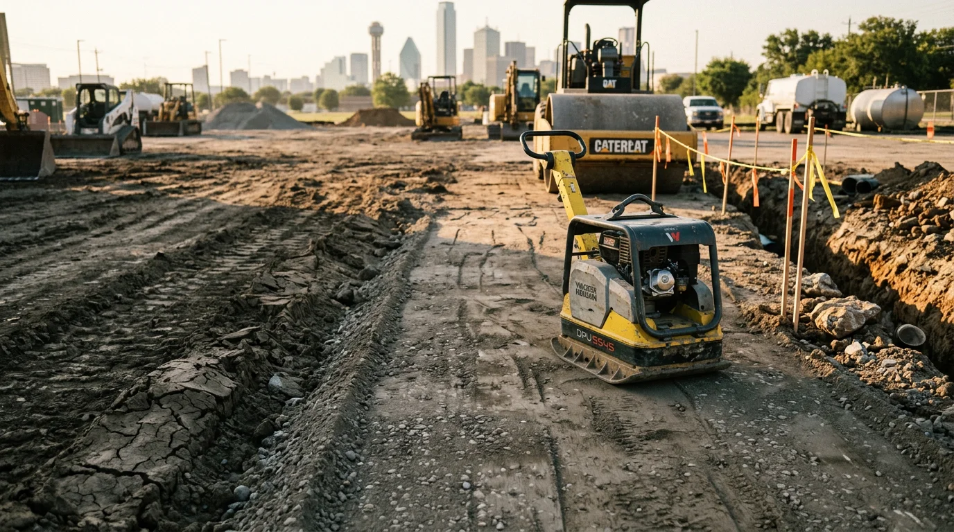Freshly reconstructed commercial asphalt parking lot in Dallas, TX, showing smooth black pavement surface with bright white line striping and clearly marked stalls. Heavy-duty asphalt paving equipment is visible at the edge of the lot during the final compaction phase.