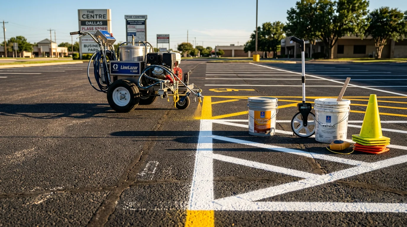 Freshly striped commercial parking lot in Dallas, TX showing bright white stall lines, blue ADA accessible spaces with van-accessible markings, and red fire lane curb paint on a clean asphalt surface. HITEK Paving parking lot striping work completed for a multi-bay commercial property in the Dallas area.