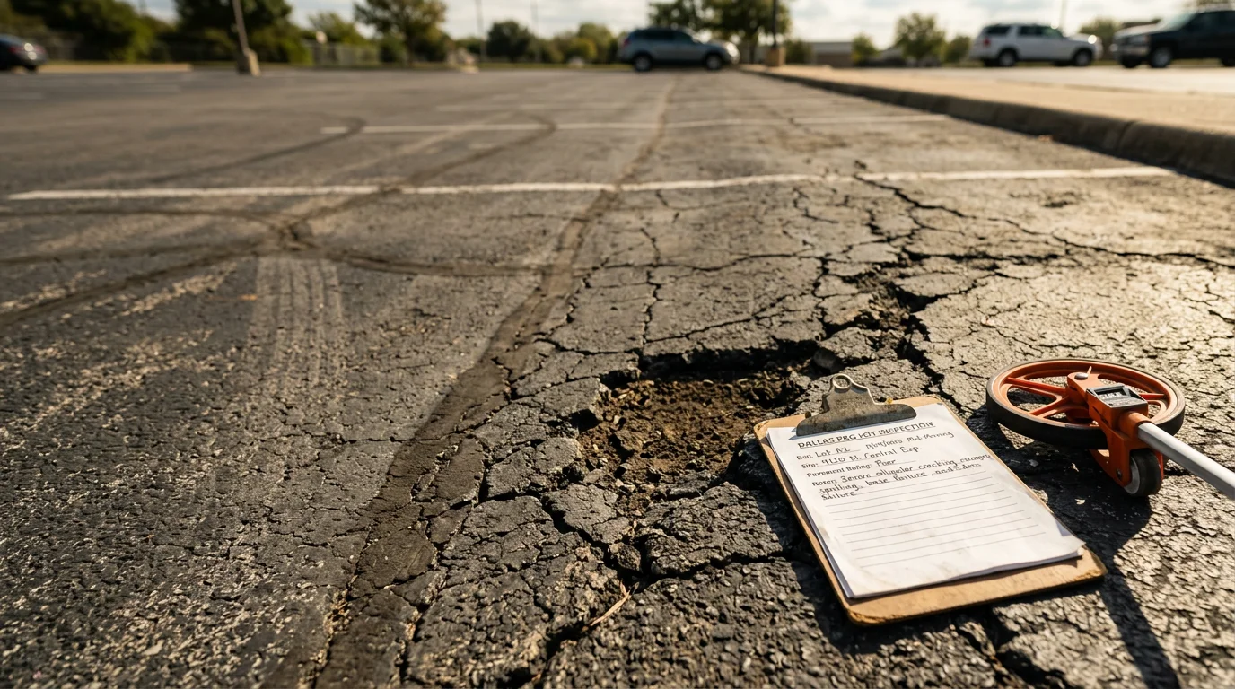 A HITEK Paving consultant crouching on a cracked asphalt surface in Dallas, examining pavement distress patterns and taking notes on a clipboard. The surrounding area shows a commercial property with visible surface deterioration and clay soil exposure along the pavement edge.