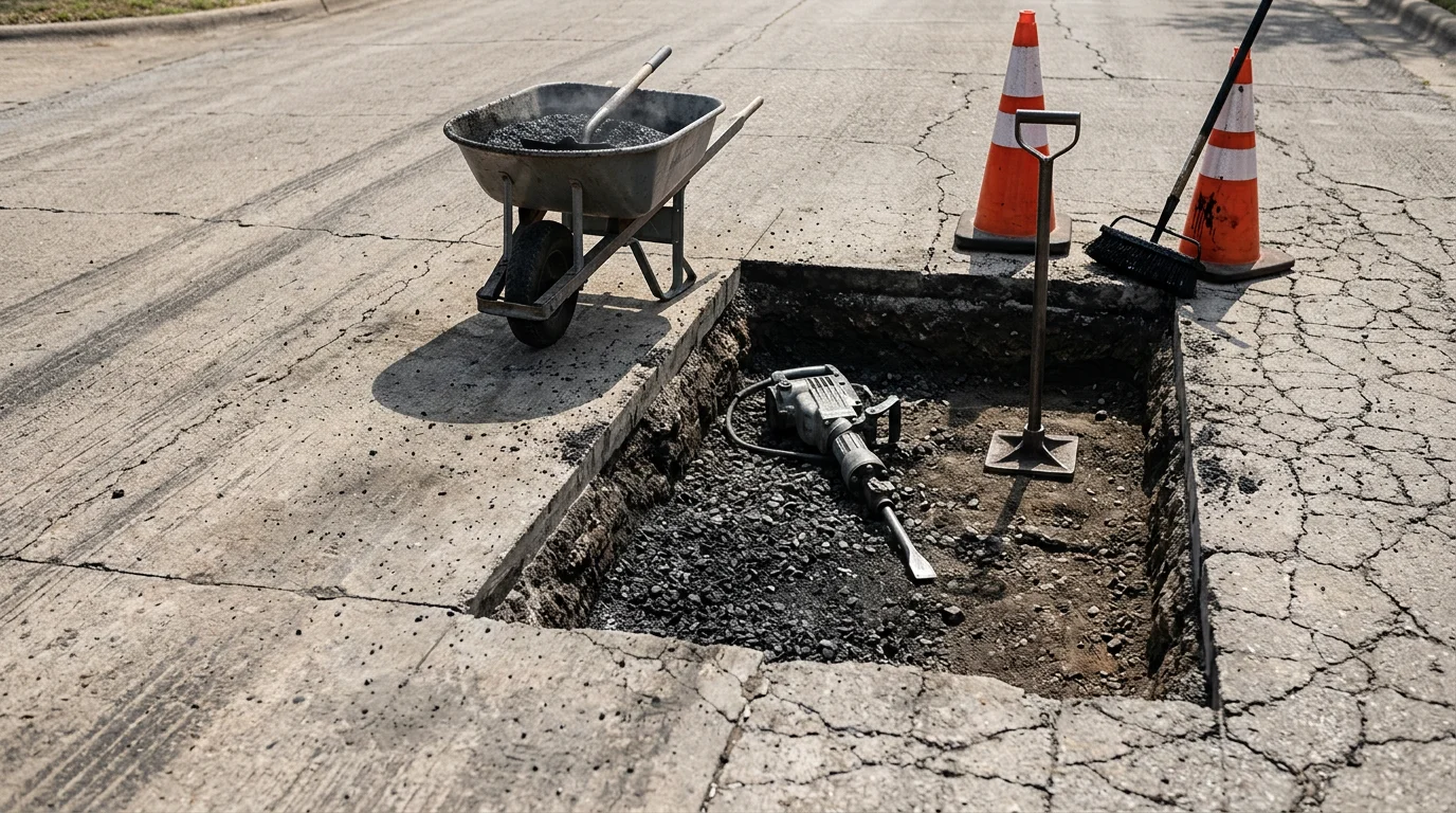 A freshly patched asphalt pothole in a Dallas commercial parking lot, showing a clean saw-cut rectangular patch with smooth hot-mix asphalt flush with the surrounding pavement surface. The repair site is free of cracking or raised edges, with the surrounding lot visible under bright Texas sunlight.