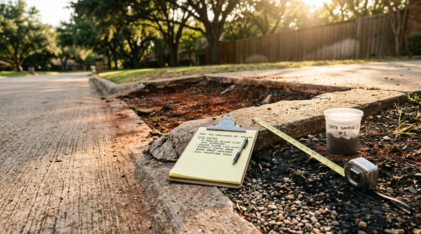 A HITEK Paving consultant reviewing a site plan with a Dallas property owner on a residential lot with exposed clay soil. The image shows a pre-construction planning session with a graded surface and measuring tools visible in the foreground.