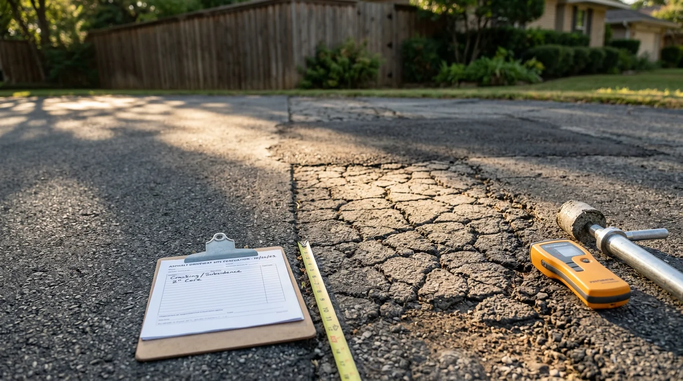 A HITEK Paving consultant kneeling beside a cracked asphalt surface in Dallas, examining sub-base damage along a residential driveway edge. Close-up view shows surface oxidation and a widening crack consistent with clay soil movement.