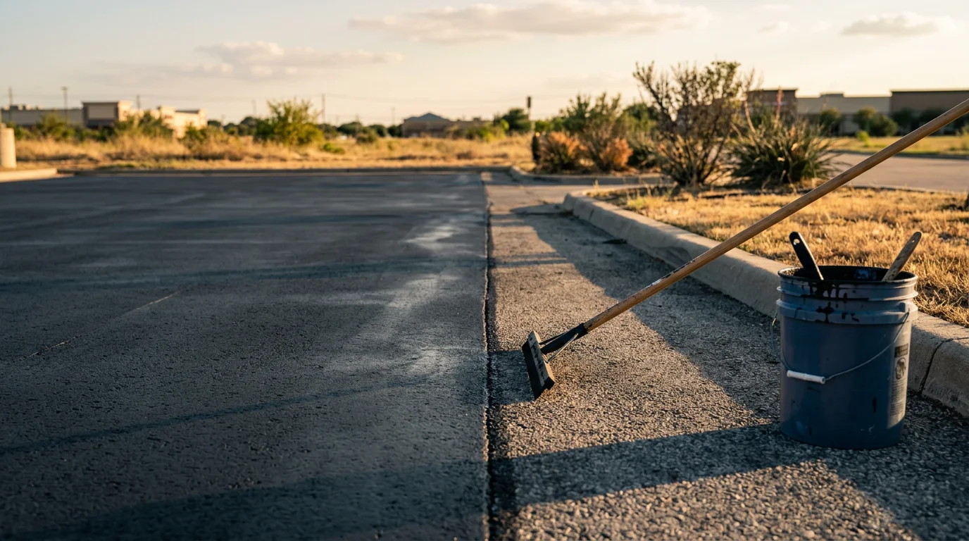 A freshly seal coated commercial parking lot in Dallas, Texas, showing a smooth, dark asphalt surface with clean edges and visible pavement markings. The lot serves a multi-unit commercial property under a clear Texas sky.