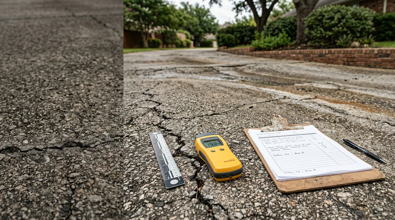 A HITEK Paving consultant kneeling on a cracked asphalt surface in Dallas, documenting surface deterioration and drainage issues on a commercial parking lot during a condition evaluation.